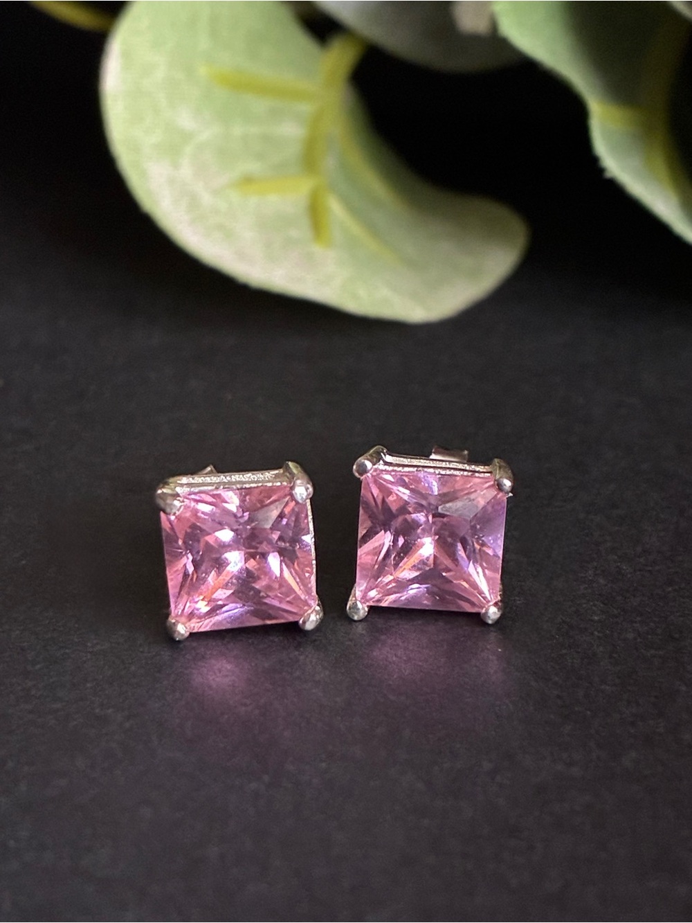 926 Silver & Pink Square-Cut Stud Earrings - Elegant Women's Jewelry
